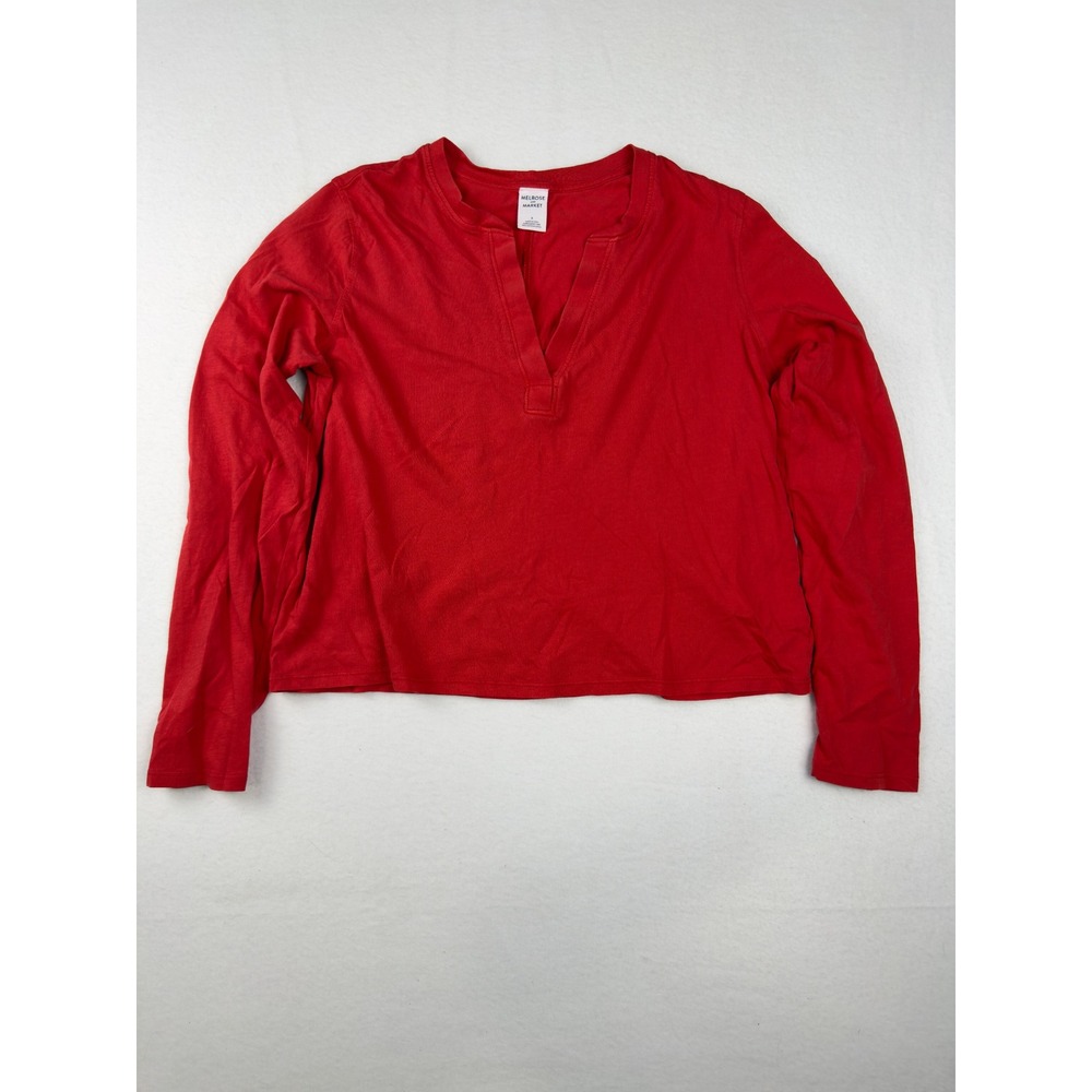Melrose and Market Red Split V-Neck Long Sleeve Cotton Top Womens Small